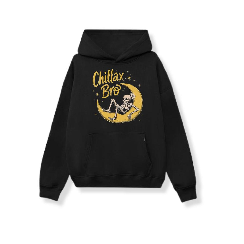 Chillax Bro Skeleton on Moon Cartoon Design Hoodie
