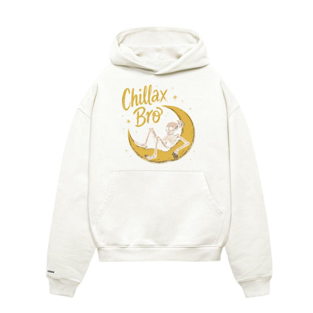 Chillax Bro Skeleton on Moon Cartoon Design Hoodie