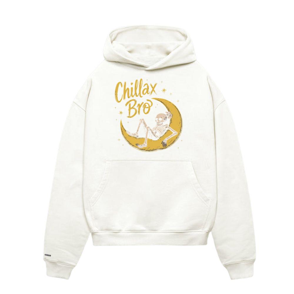 Chillax Bro Skeleton on Moon Cartoon Design Hoodies
