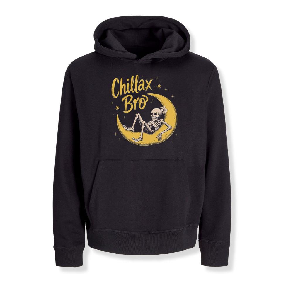 Chillax Bro Skeleton on Moon Cartoon Design Hoodies