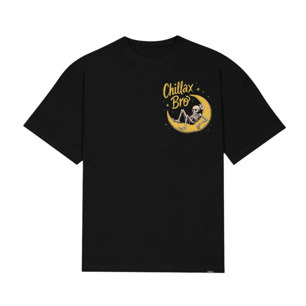 Chillax Bro Skeleton on Moon Cartoon Design T-Shirt