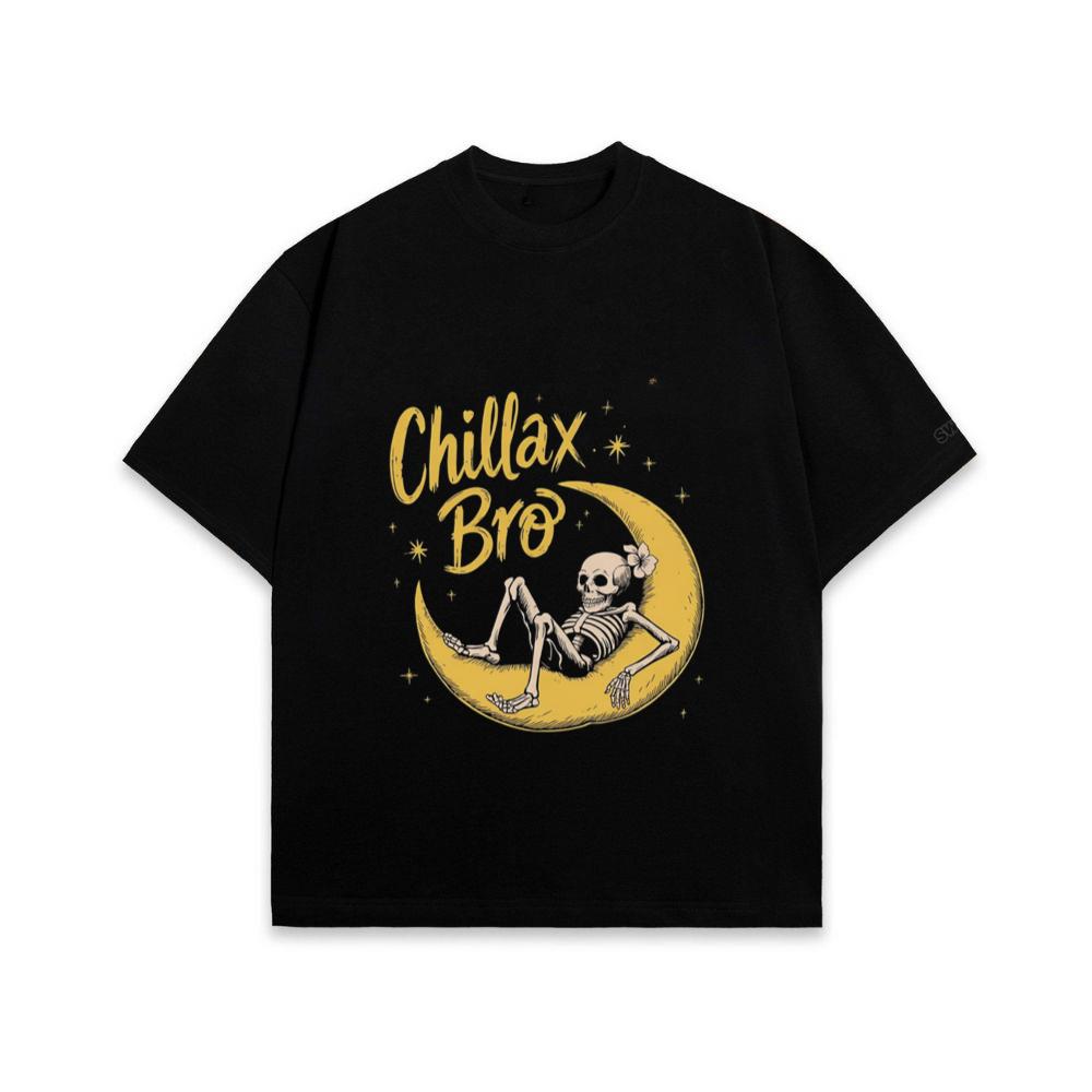 Chillax Bro Skeleton on Moon Cartoon Design T-Shirt