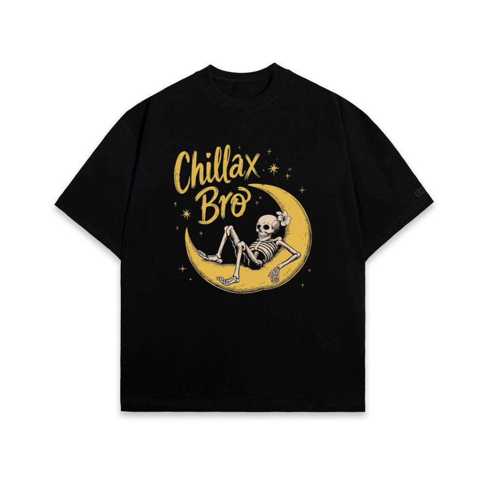 Chillax Bro Skeleton on Moon Cartoon Design T-Shirt