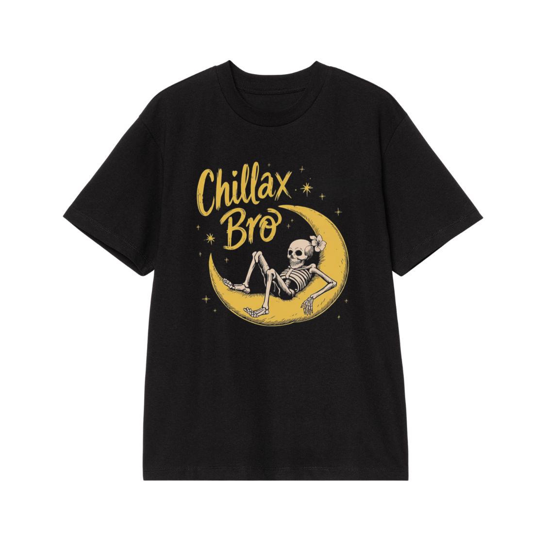 Chillax Bro Skeleton on Moon Cartoon Design T-Shirt