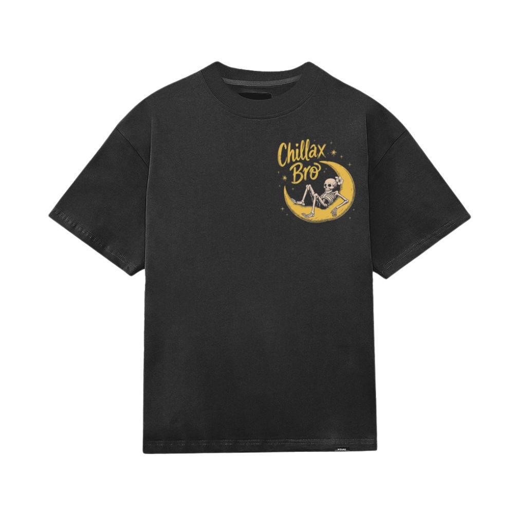 Chillax Bro Skeleton on Moon Cartoon Design T-Shirt