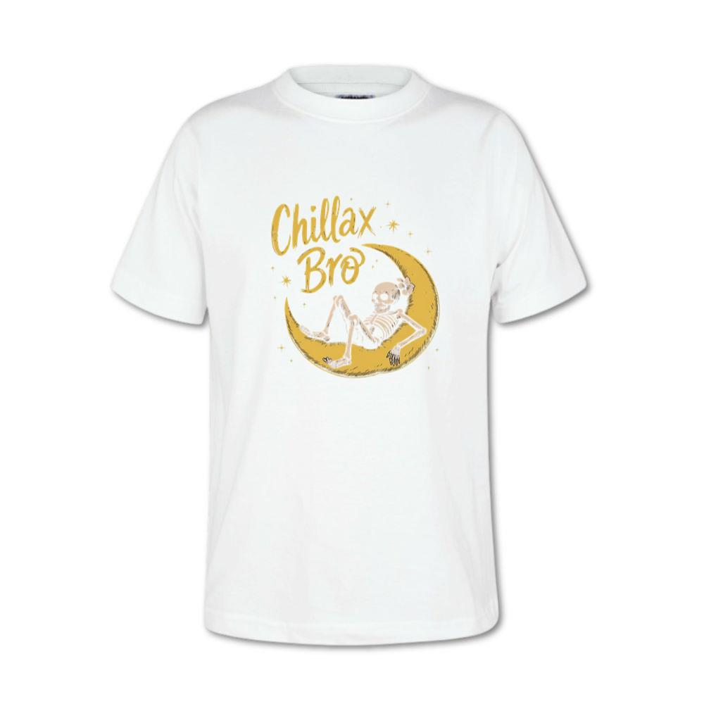 Chillax Bro Skeleton on Moon Cartoon Design T-Shirt