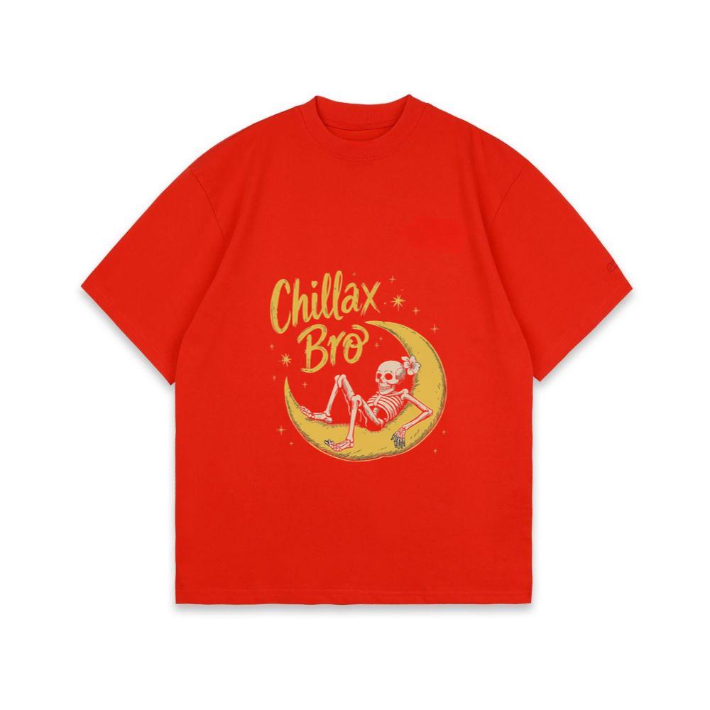Chillax Bro Skeleton on Moon Cartoon Design T-Shirt