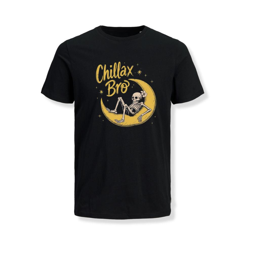 Chillax Bro Skeleton on Moon Cartoon Design T-Shirt