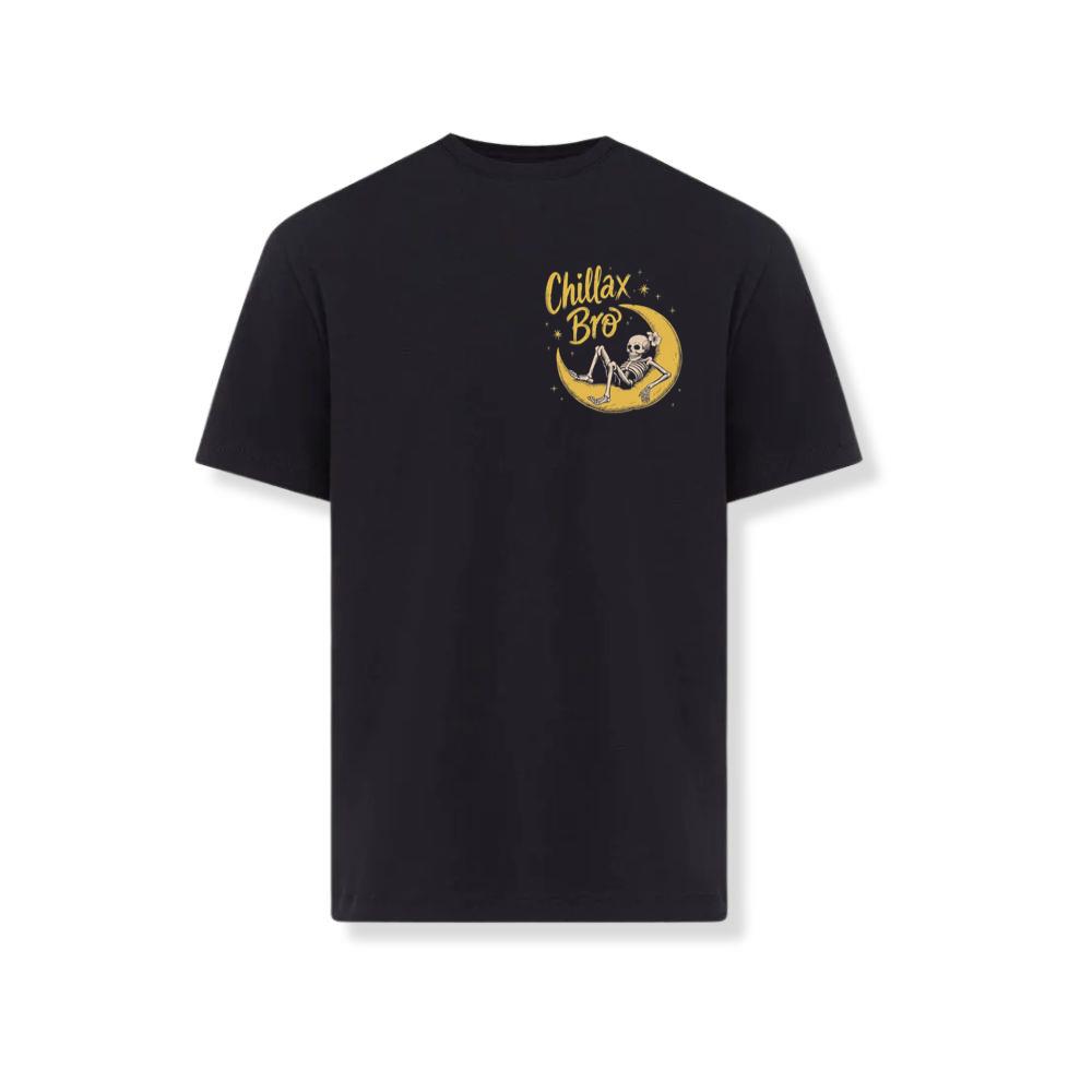 Chillax Bro Skeleton on Moon Cartoon Design T-Shirt