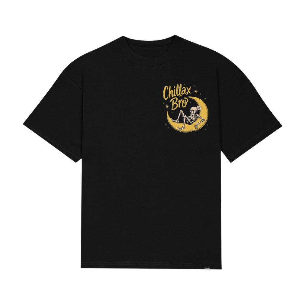 Chillax Bro Skeleton on Moon Cartoon Design T-Shirt