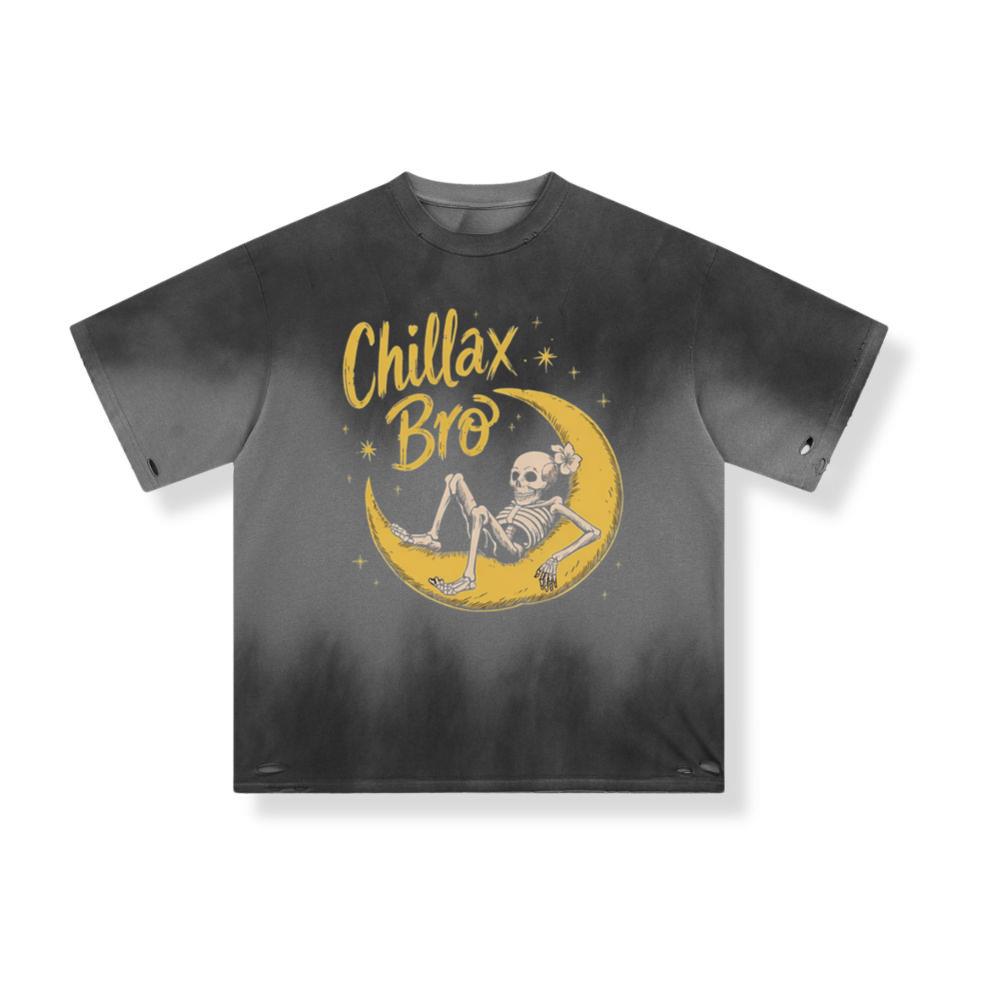 Chillax Bro Skeleton on Moon Cartoon Design T-Shirt