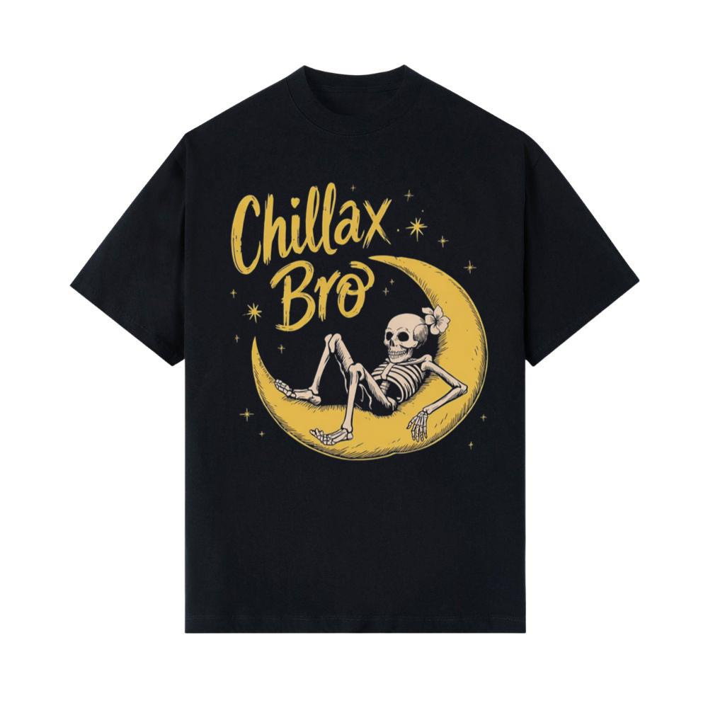 Chillax Bro Skeleton on Moon Cartoon Design T-Shirts