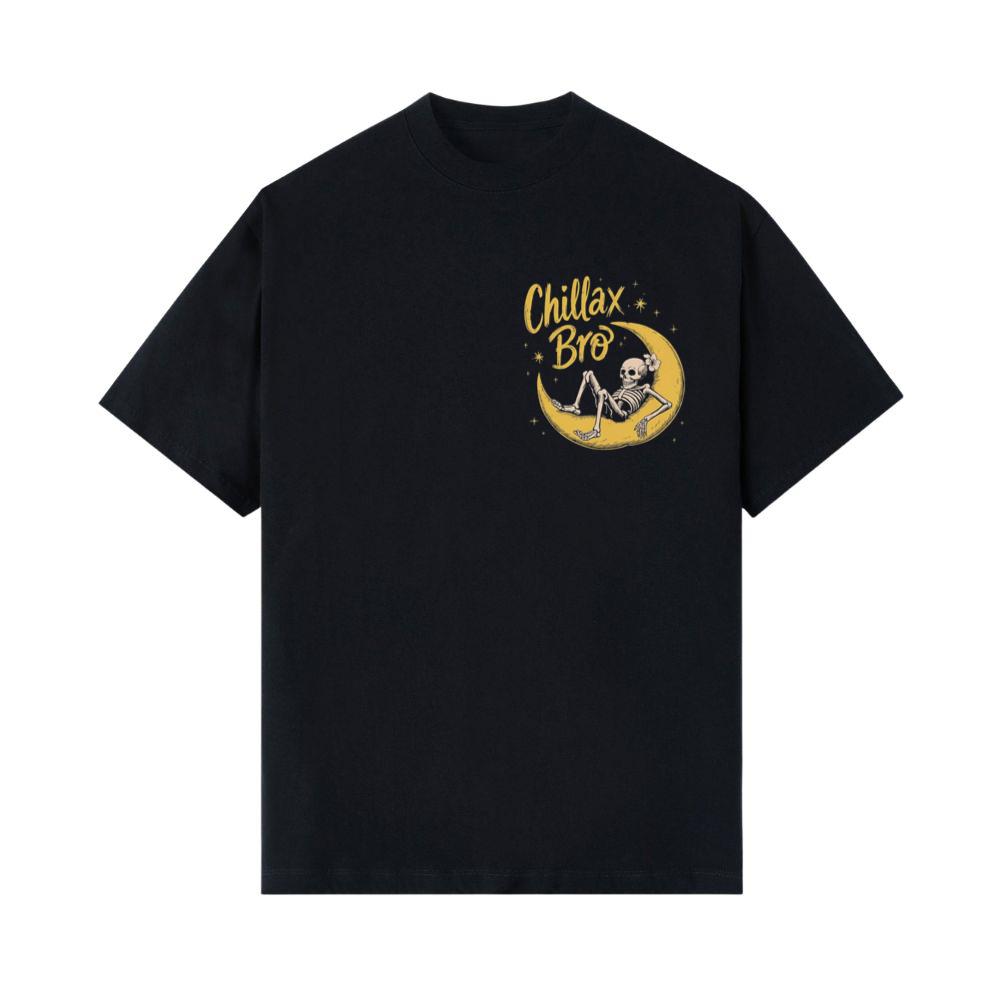 Chillax Bro Skeleton on Moon Cartoon Design T-Shirts