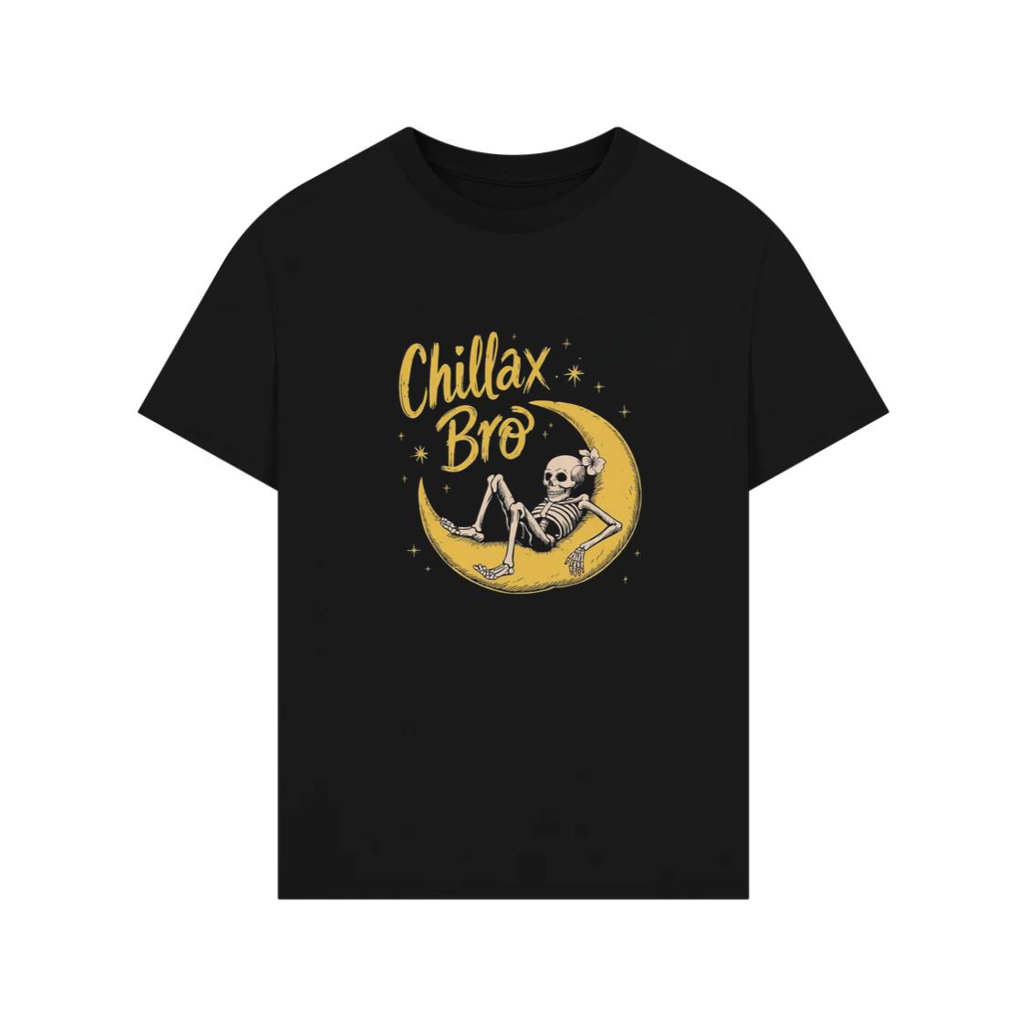 Chillax Bro Skeleton on Moon Cartoon Design T-Shirts