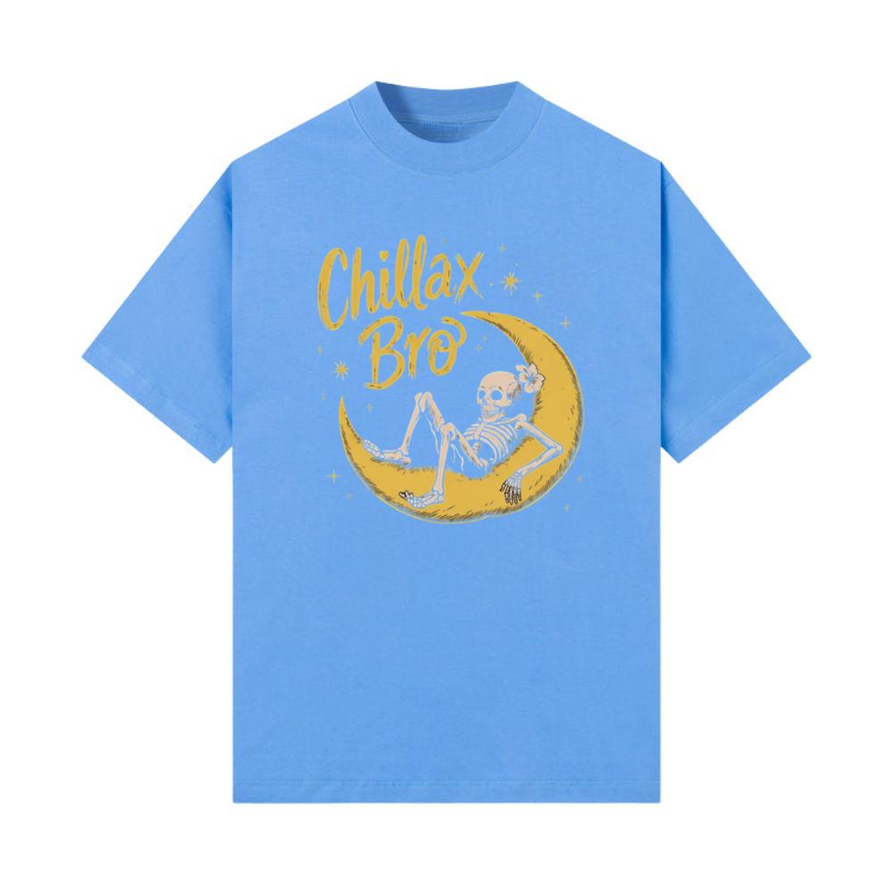 Chillax Bro Skeleton on Moon Cartoon Design T-Shirts