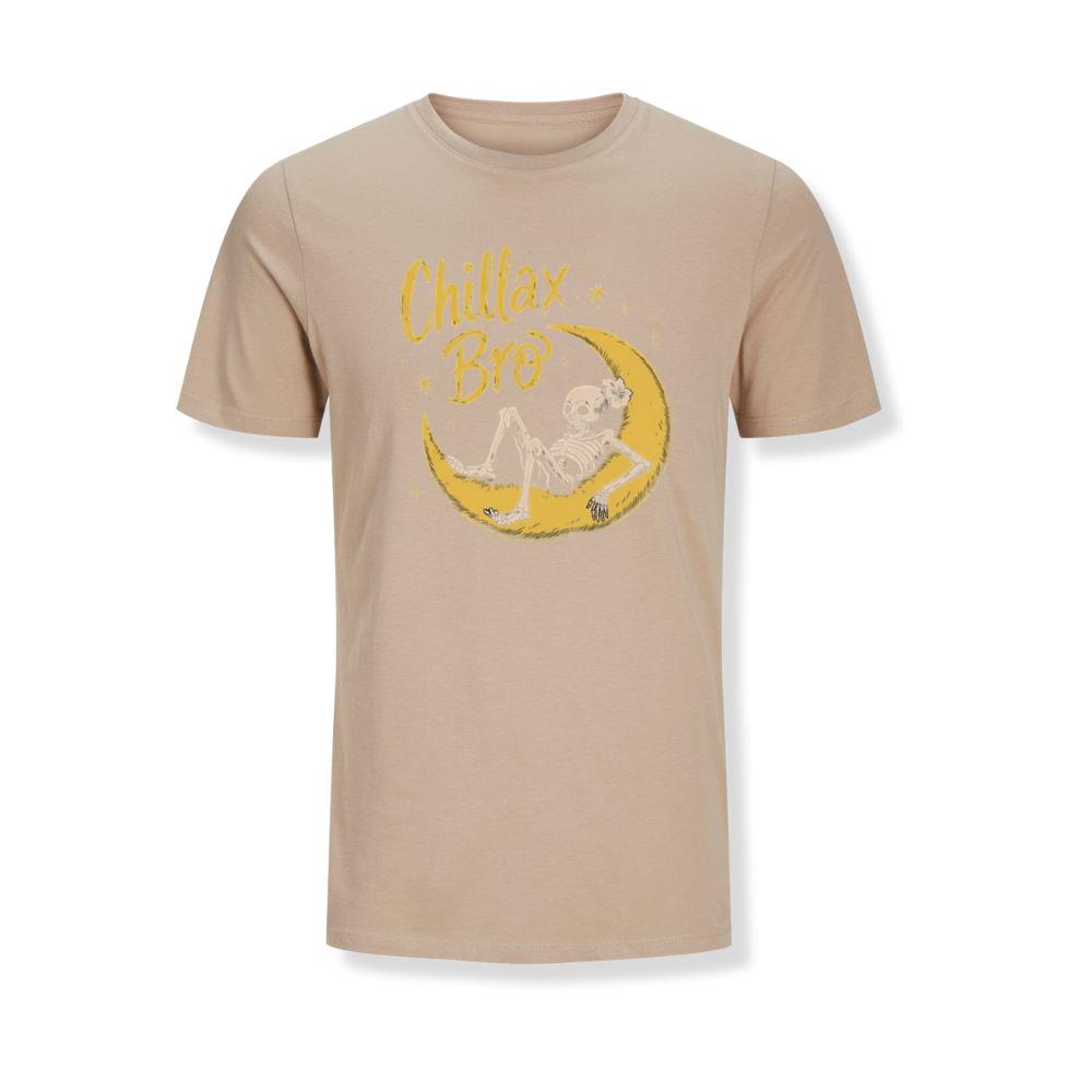Chillax Bro Skeleton on Moon Cartoon Design T-Shirts
