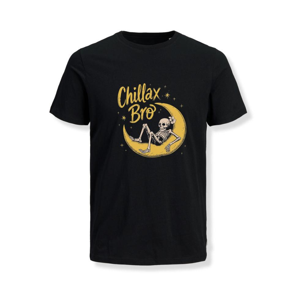 Chillax Bro Skeleton on Moon Cartoon Design T-Shirts