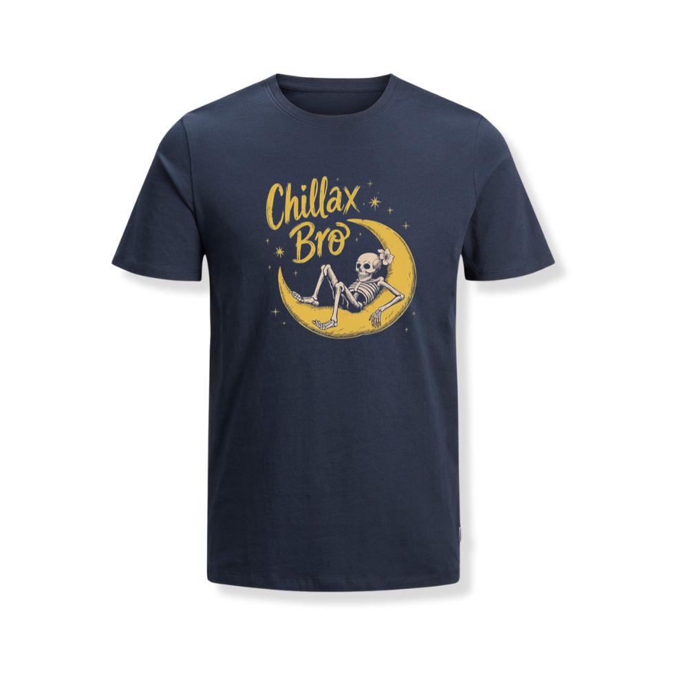 Chillax Bro Skeleton on Moon Cartoon Design TShirts Somoslasia