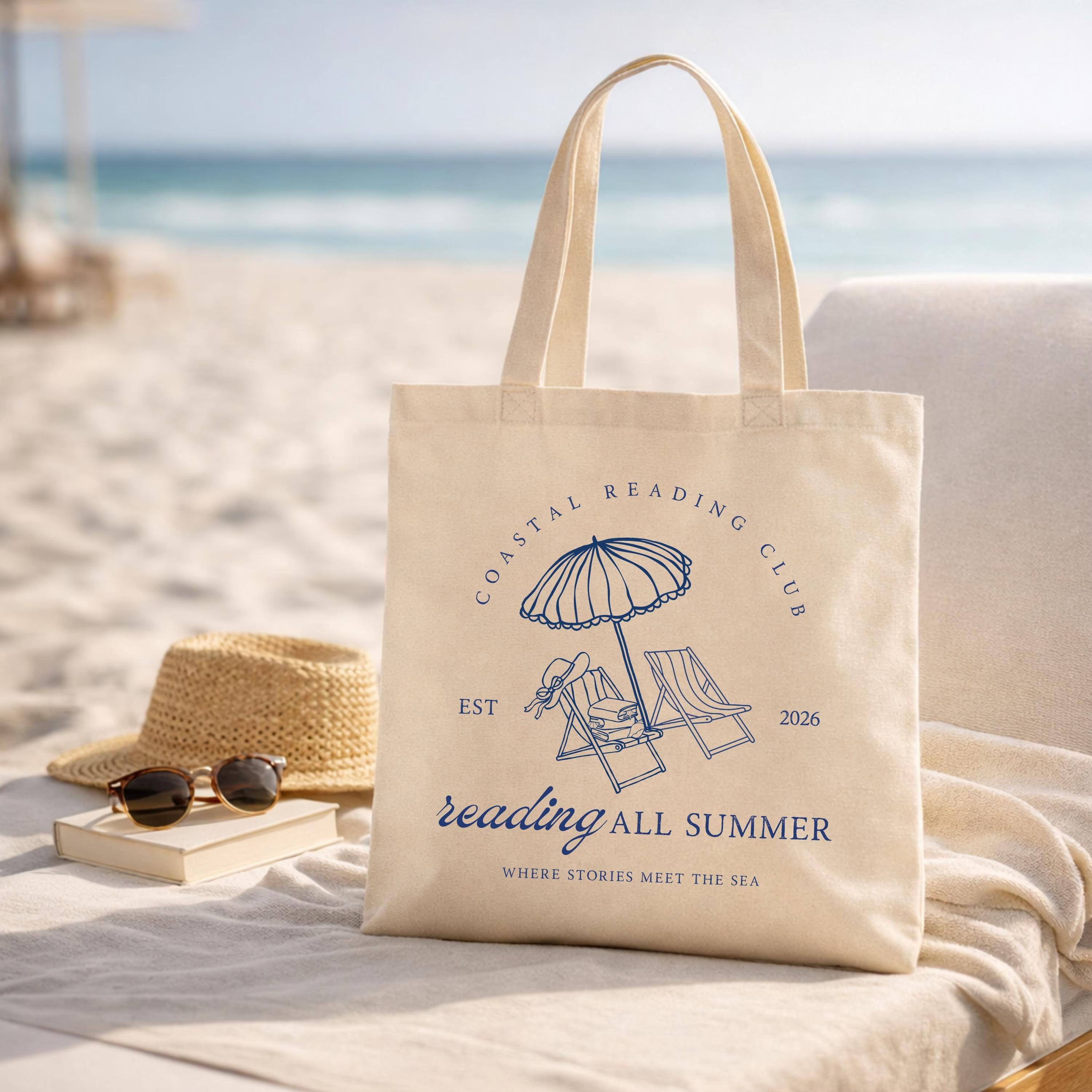 Coastal Reading Club Beach Tote Bag Canvas Book Bag For Women And Book Lovers Preppy Minimalist Natural Canvas Summer Vacation Travel Essentials Holiday Beach Tote Bookish Gift For Readers BookTok Aesthetic Merch