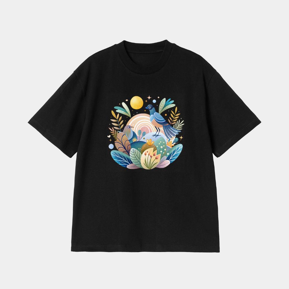 Colorful Bird Illustration with Foliage and Flowers T-Shirt