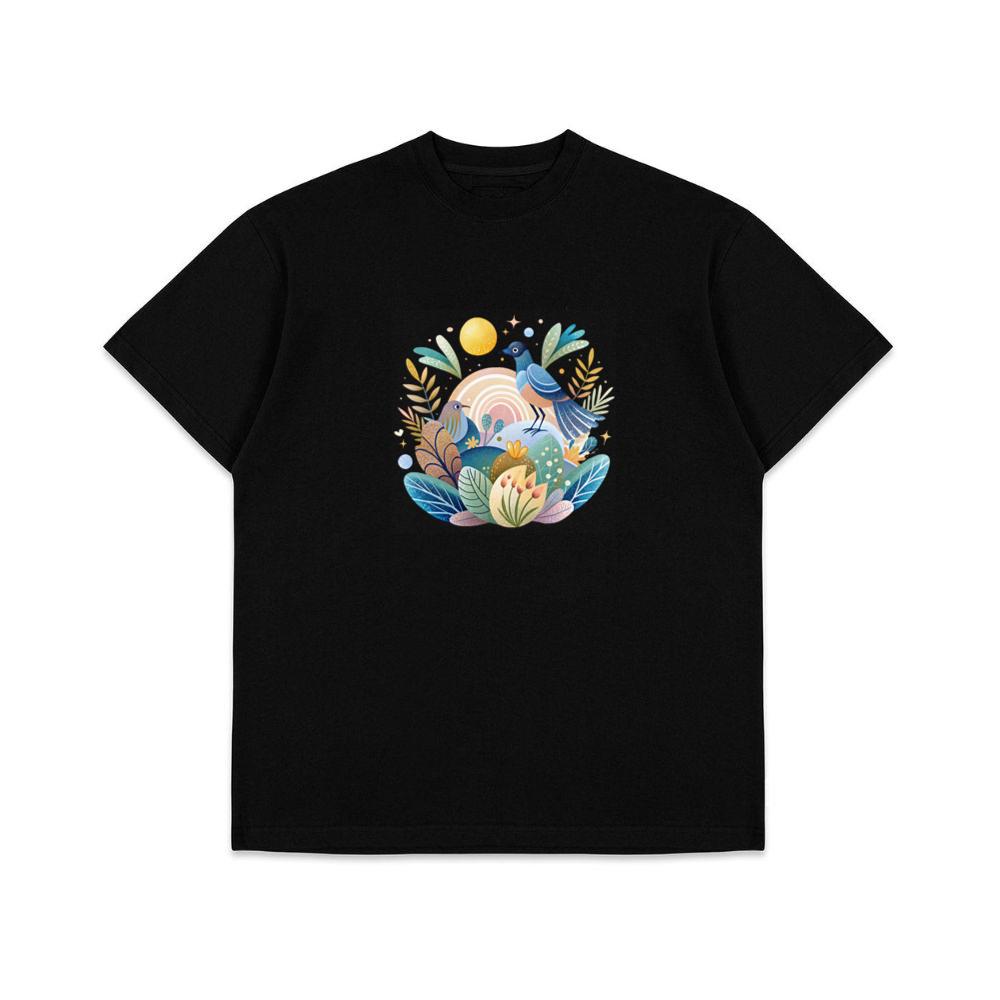 Colorful Bird Illustration with Foliage and Flowers T-Shirts
