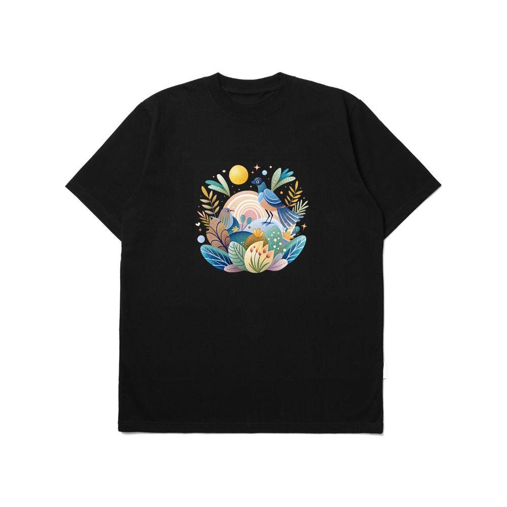 Colorful Bird Illustration with Foliage and Flowers TShirts Yomigold