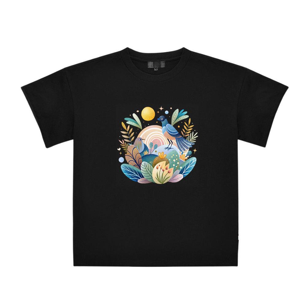 Colorful Bird Illustration with Foliage and Flowers T-Shirts