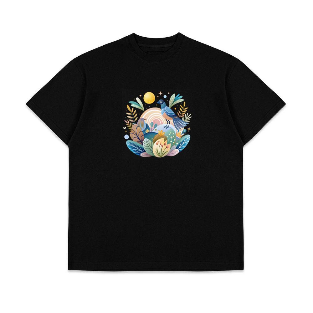 Colorful Bird Illustration with Foliage and Flowers T-Shirts