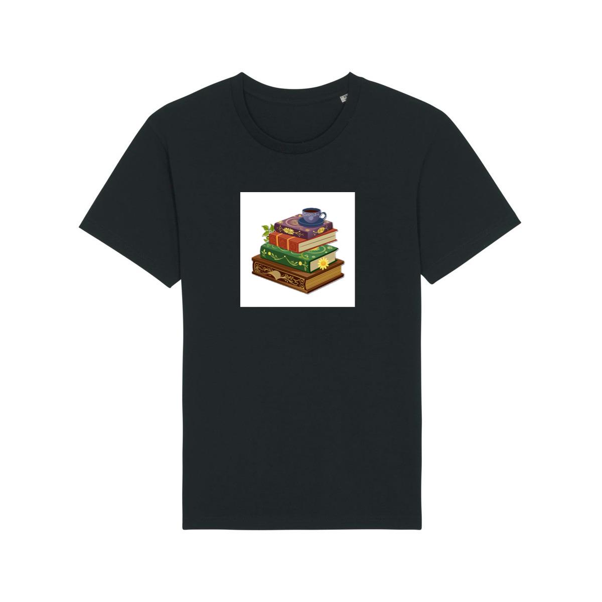 Colorful Book Stack with Coffee T-Shirts