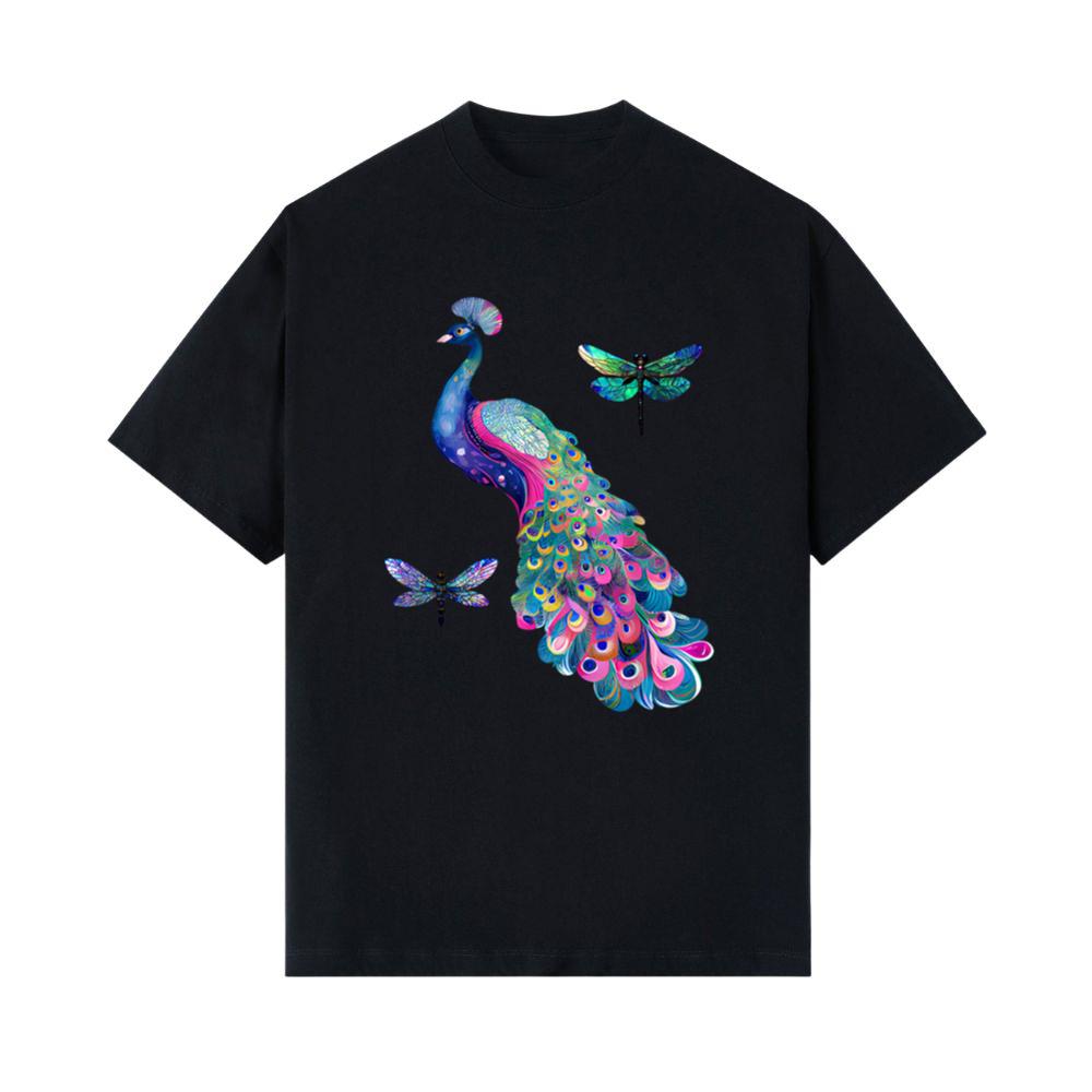 Colorful Peacock Feathers Dragonflies Graphic Art Design T-Shirt