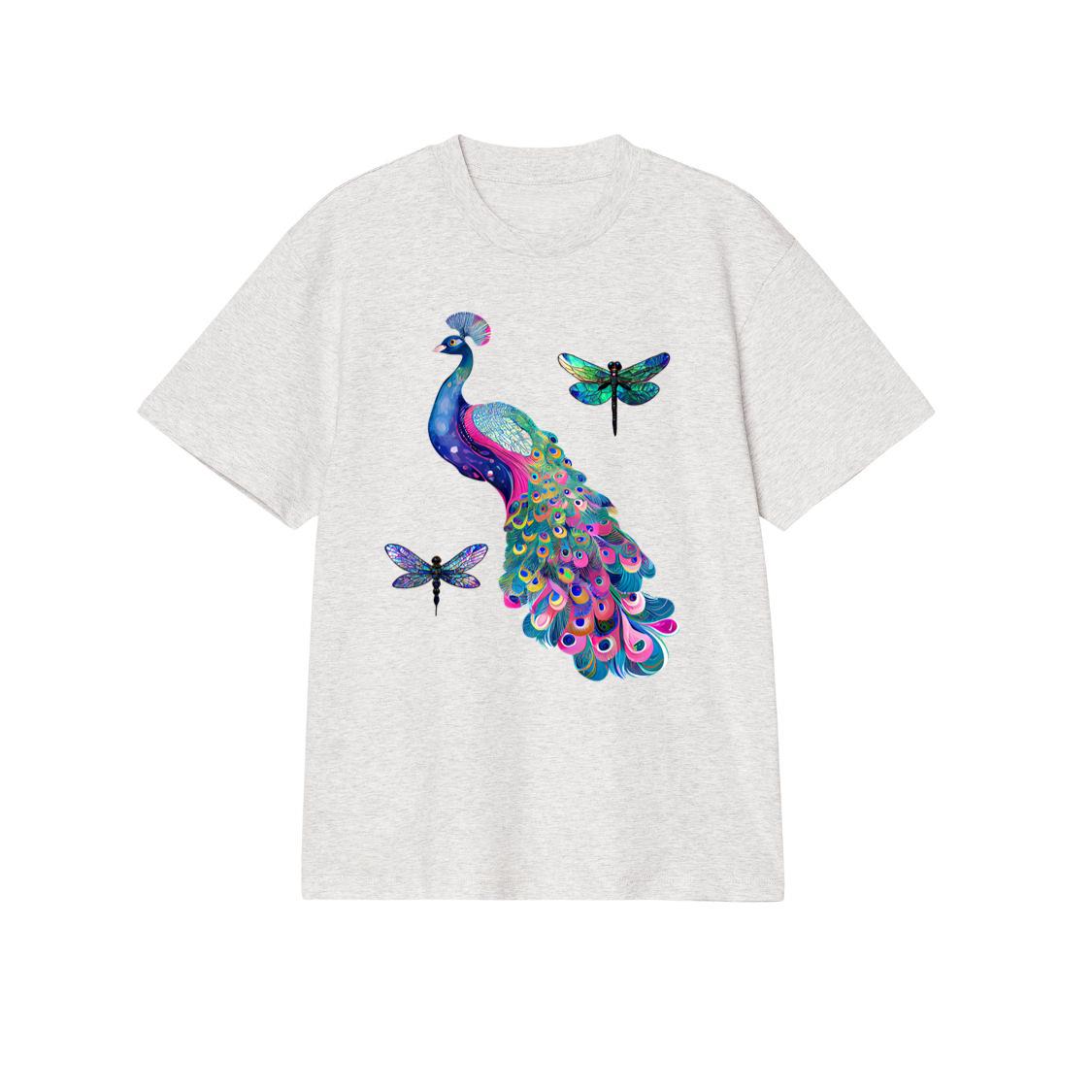 Colorful Peacock Feathers Dragonflies Graphic Art Design T-Shirt