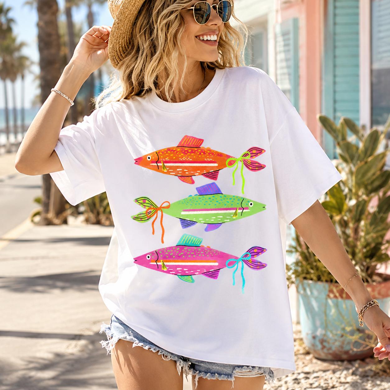 Colorful Stacked Fish Graphic Tee Oversized T-Shirt for Women Preppy Coastal Beachy Sardine Girl Summer Aesthetic White Heavyweight Cotton Short Sleeve Crew Neck Coquette Bow Ocean Life Vacation Outfit Casual Streetwear Top - Image 2