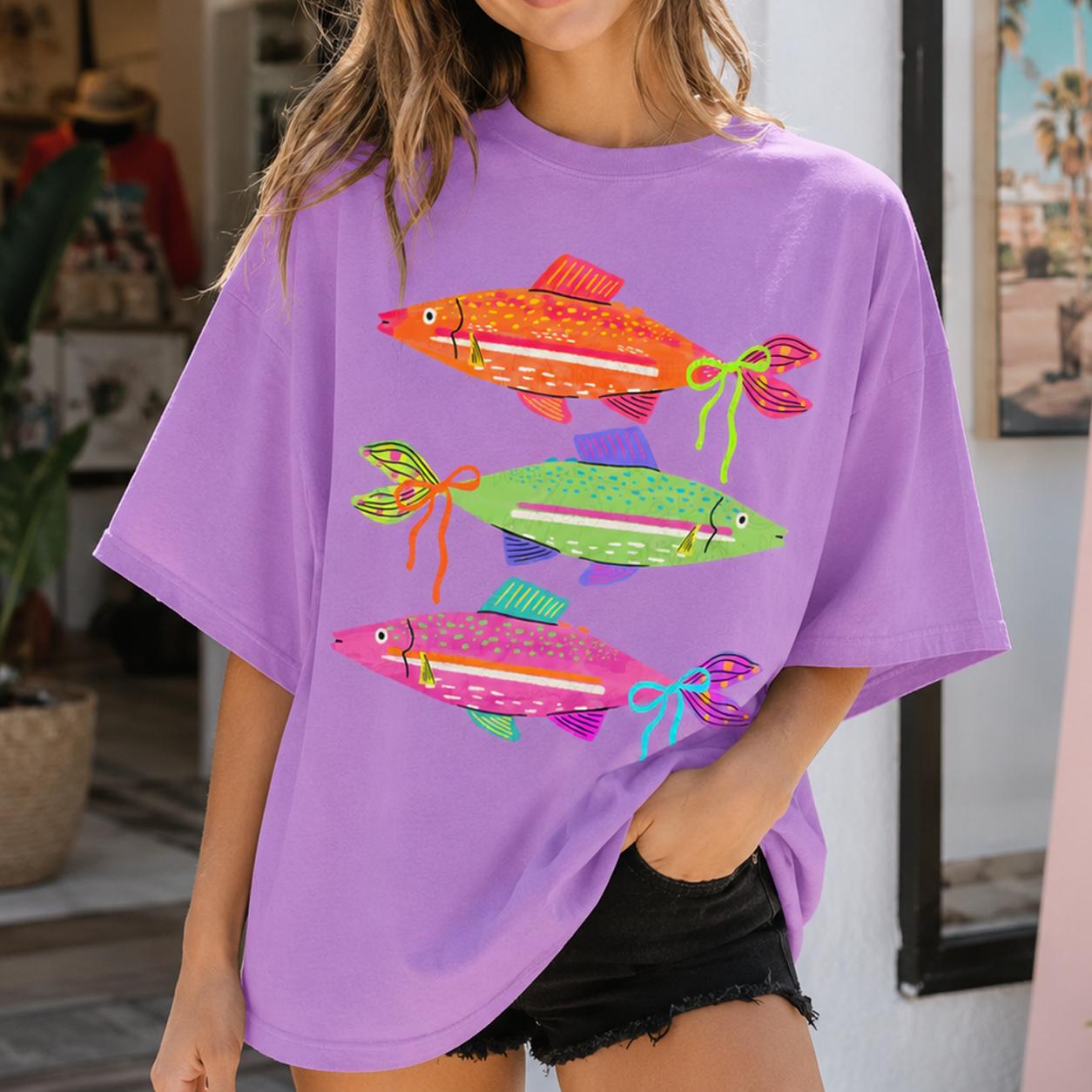 Colorful Stacked Fish Graphic Tee Oversized T-Shirt for Women Preppy Coastal Beachy Sardine Girl Summer Aesthetic White Heavyweight Cotton Short Sleeve Crew Neck Coquette Bow Ocean Life Vacation Outfit Casual Streetwear Top - Image 6