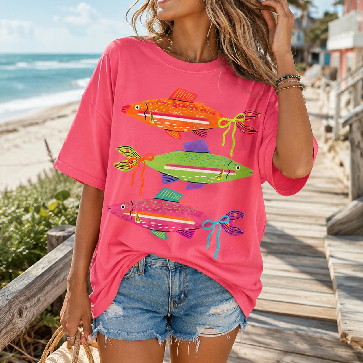 Colorful Stacked Fish Graphic Tee Oversized T-Shirt for Women Preppy Coastal Beachy Sardine Girl Summer Aesthetic White Heavyweight Cotton Short Sleeve Crew Neck Coquette Bow Ocean Life Vacation Outfit Casual Streetwear Top - Image 3