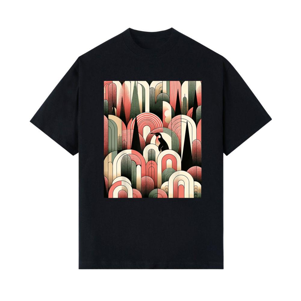 Coral Pink Cream Geometric Abstract Art Deco Penguin Forest T-Shirt