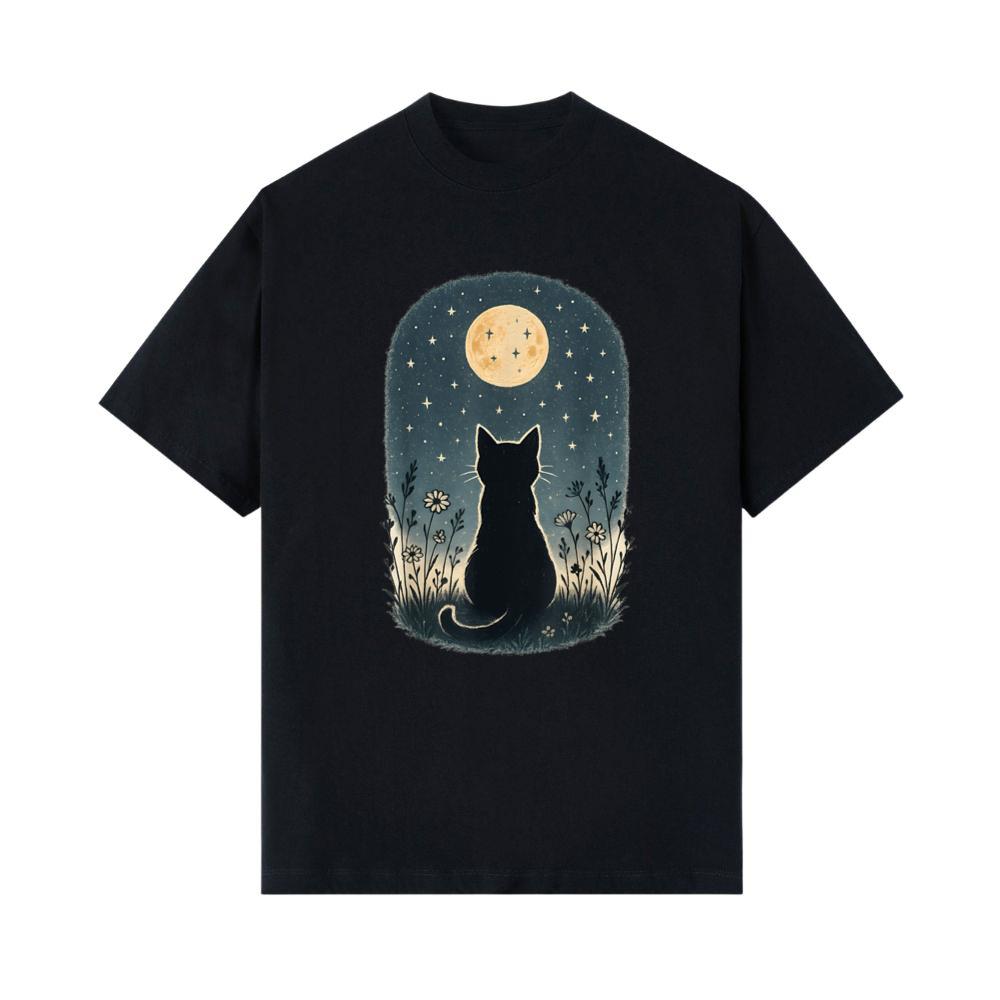 Cottagecore Cat Wildflower Meadow Moon Twinkling Stars T-Shirt for Men Women Kids