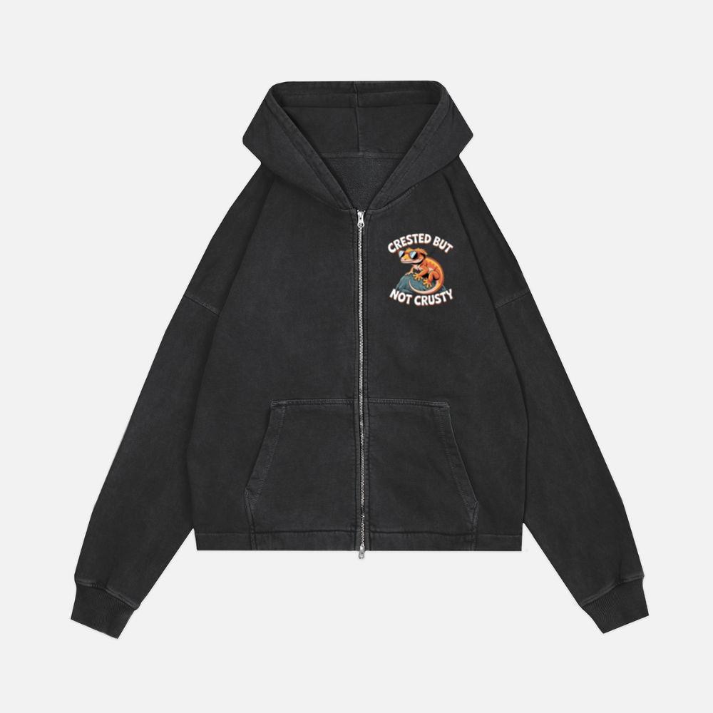 Crested But Not Crusty Lizard Retro Funny Graphic Zip Hoodie