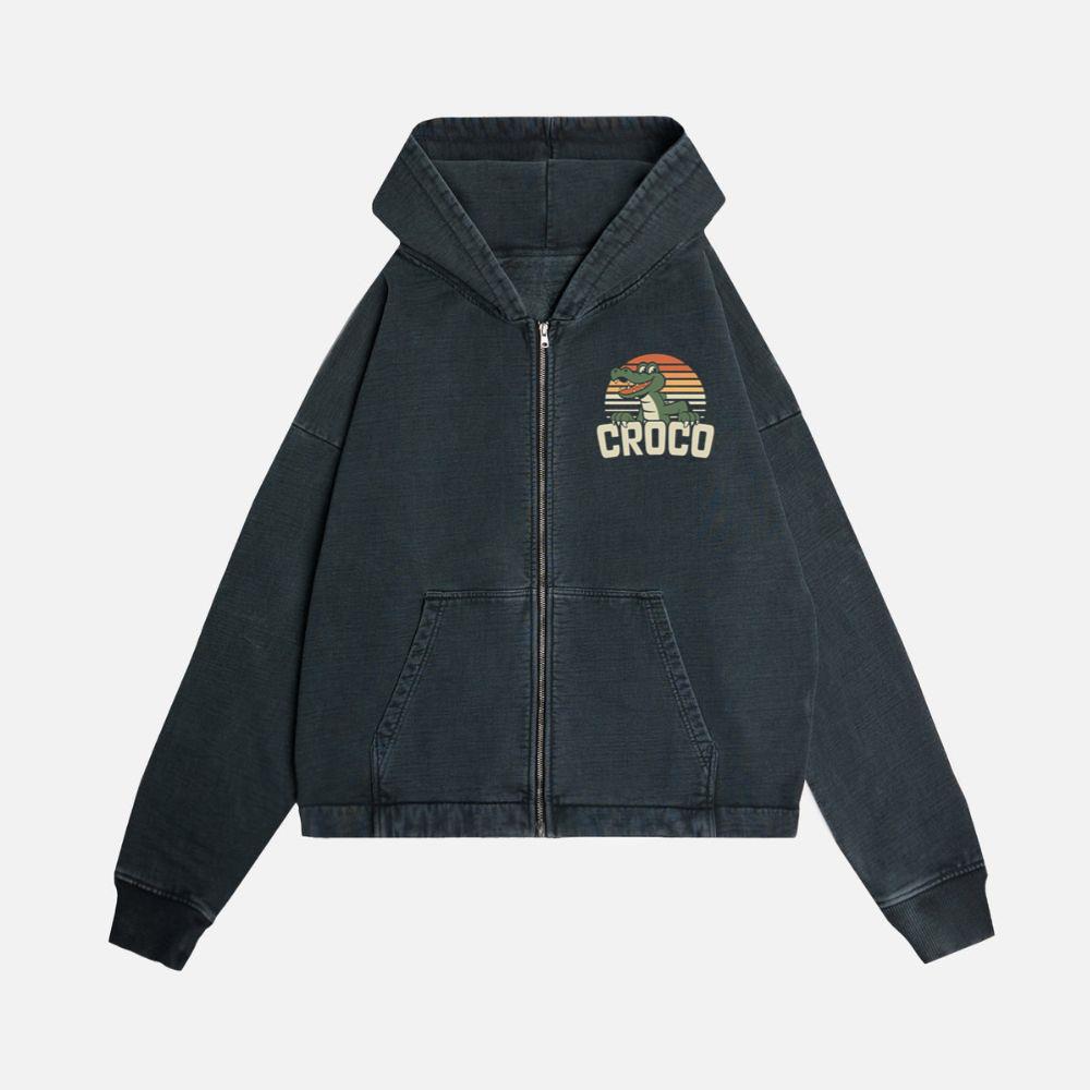 Croco Sunset Vintage Crocodile Graphic for Coastal Retro Lovers Zip Hoodie