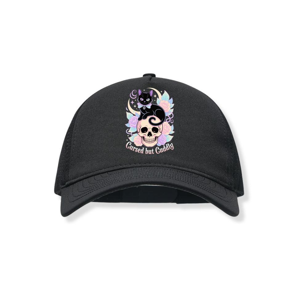 Cursed but Cuddly Skull Cat Retro Graphic Black Hat