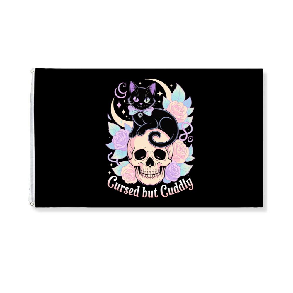 Cursed but Cuddly Skull Cat Retro Graphic Flag
