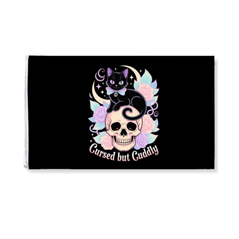 Cursed but Cuddly Skull Cat Retro Graphic Flag