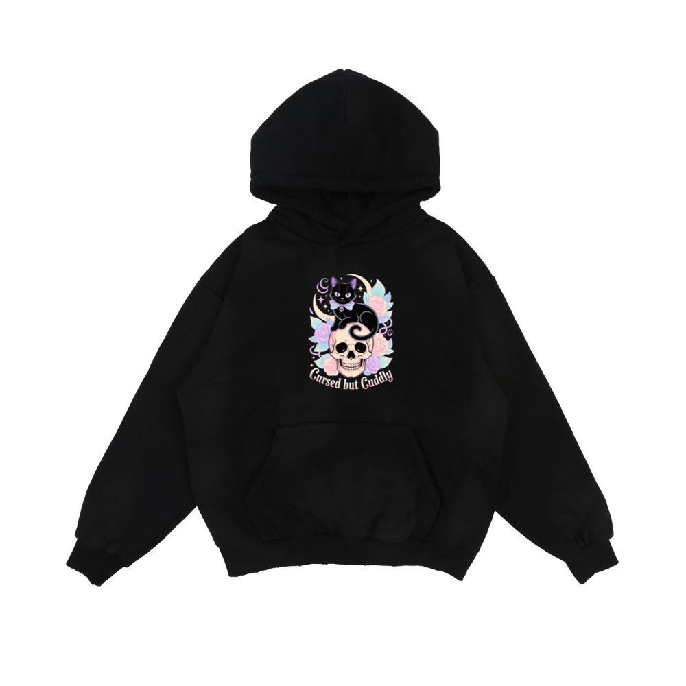 Cursed but Cuddly Skull Cat Retro Graphic Hoodie