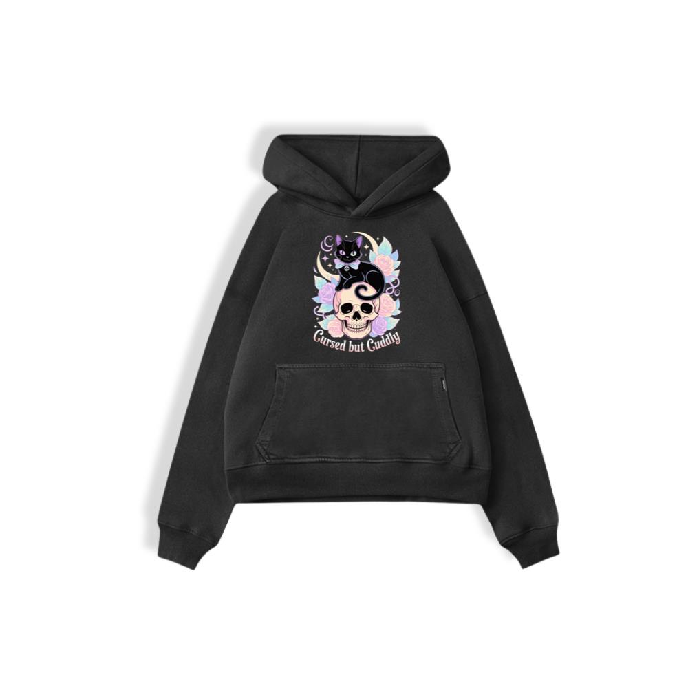 Cursed but Cuddly Skull Cat Retro Graphic Hoodie