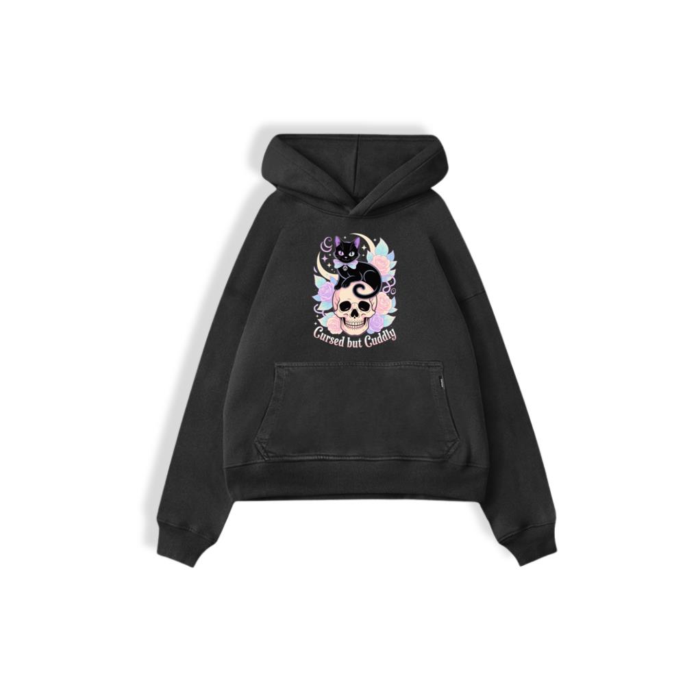 Cursed but Cuddly Skull Cat Retro Graphic Hoodie