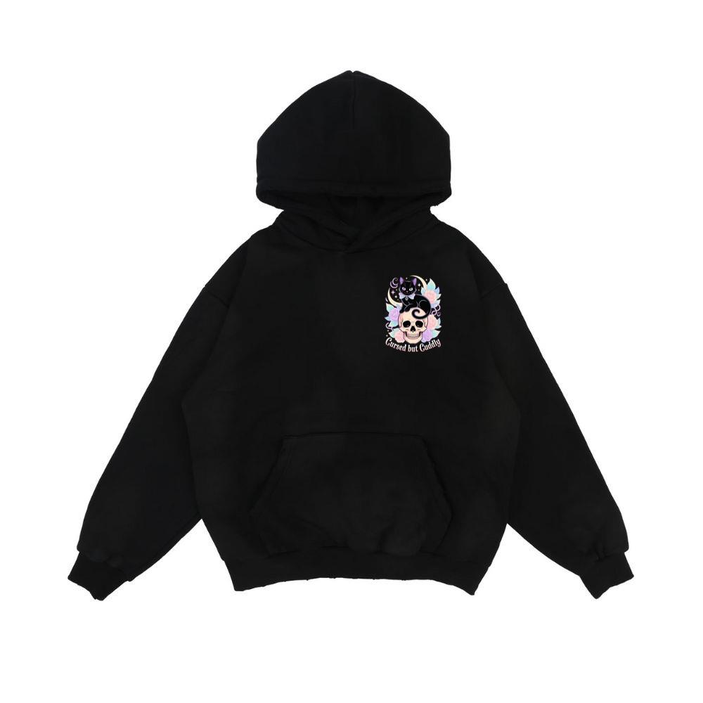 Cursed but Cuddly Skull Cat Retro Graphic Hoodie