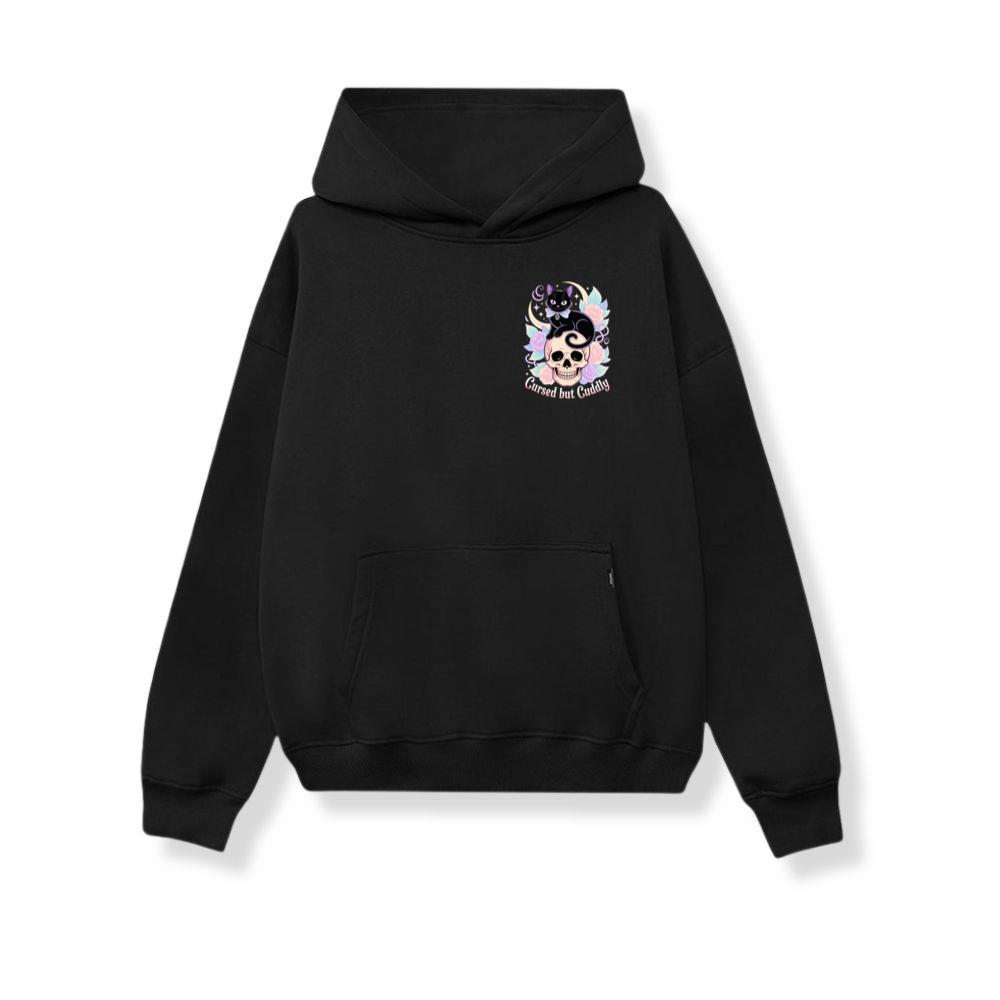 Cursed but Cuddly Skull Cat Retro Graphic Hoodie - Image 3