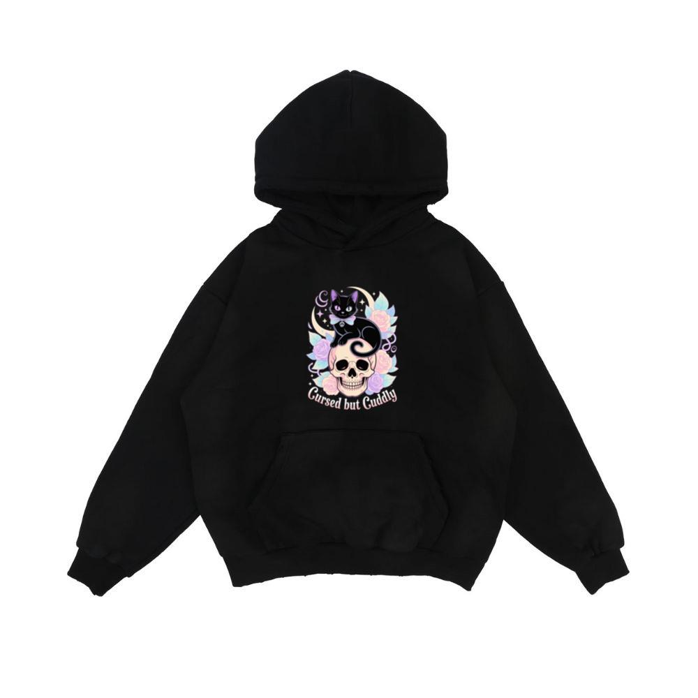 Cursed but Cuddly Skull Cat Retro Graphic Hoodie