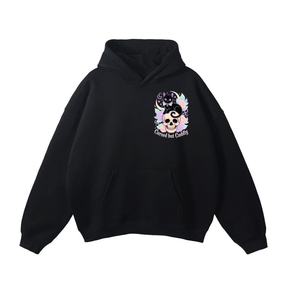 Cursed but Cuddly Skull Cat Retro Graphic Hoodie