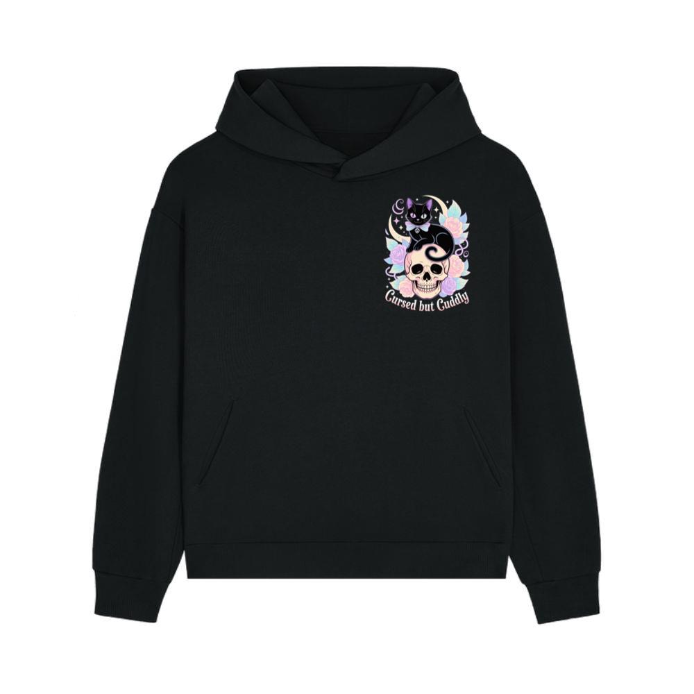 Cursed but Cuddly Skull Cat Retro Graphic Hoodie