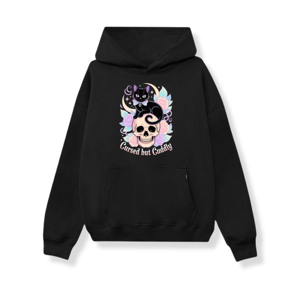 Cursed but Cuddly Skull Cat Retro Graphic Hoodie